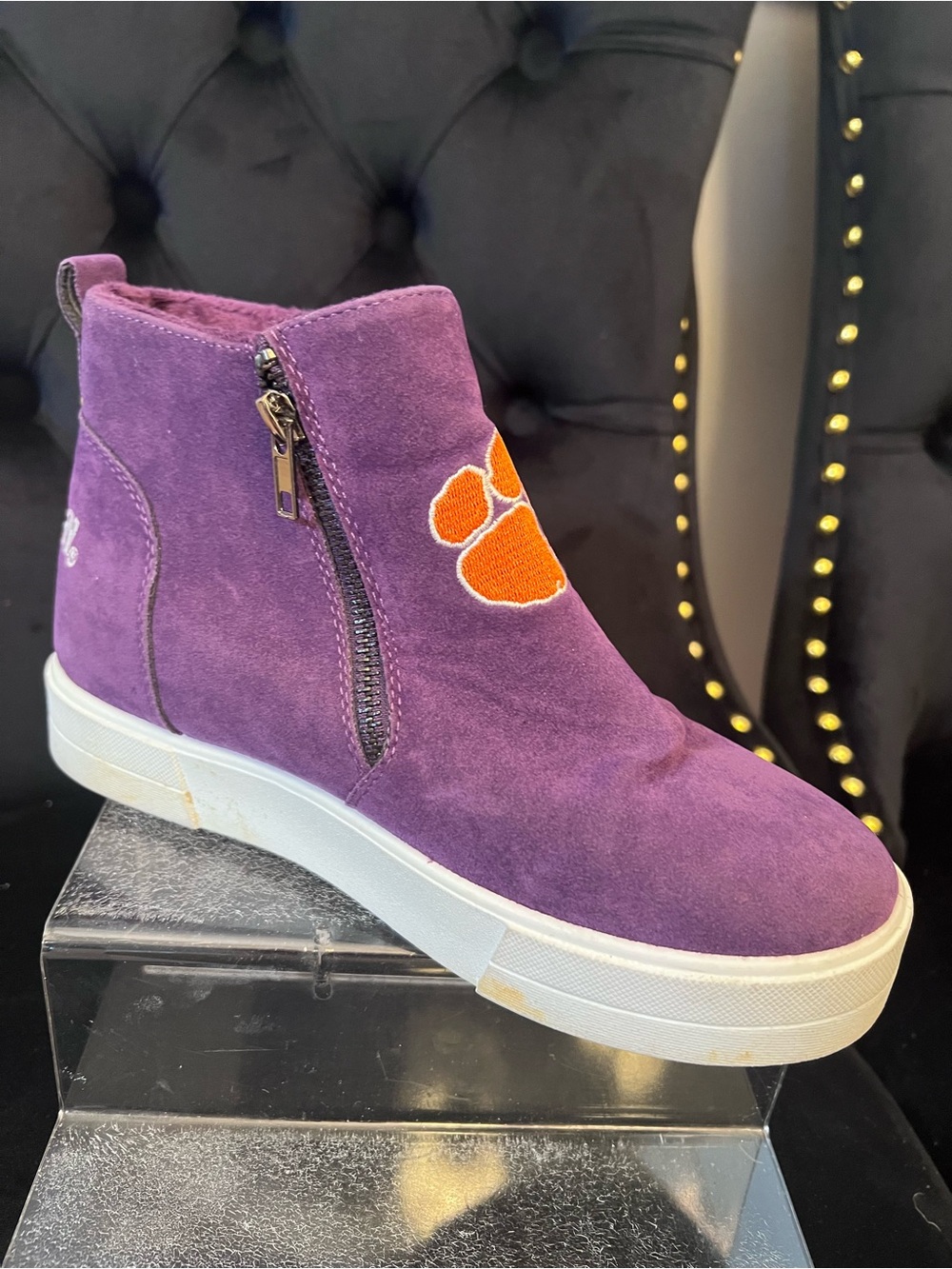 Clemson Purple Suede Slip-On Hightop Wedge Sneaker with Orange Paw Logo